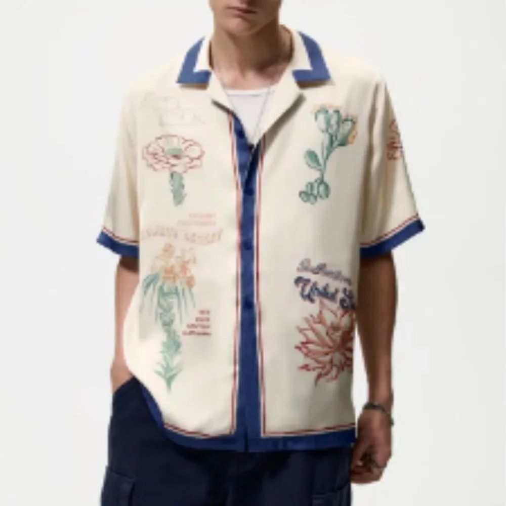 Zara Men's Cream Blue Arizona Mojave Desert Satin Button Up Shirt Size S